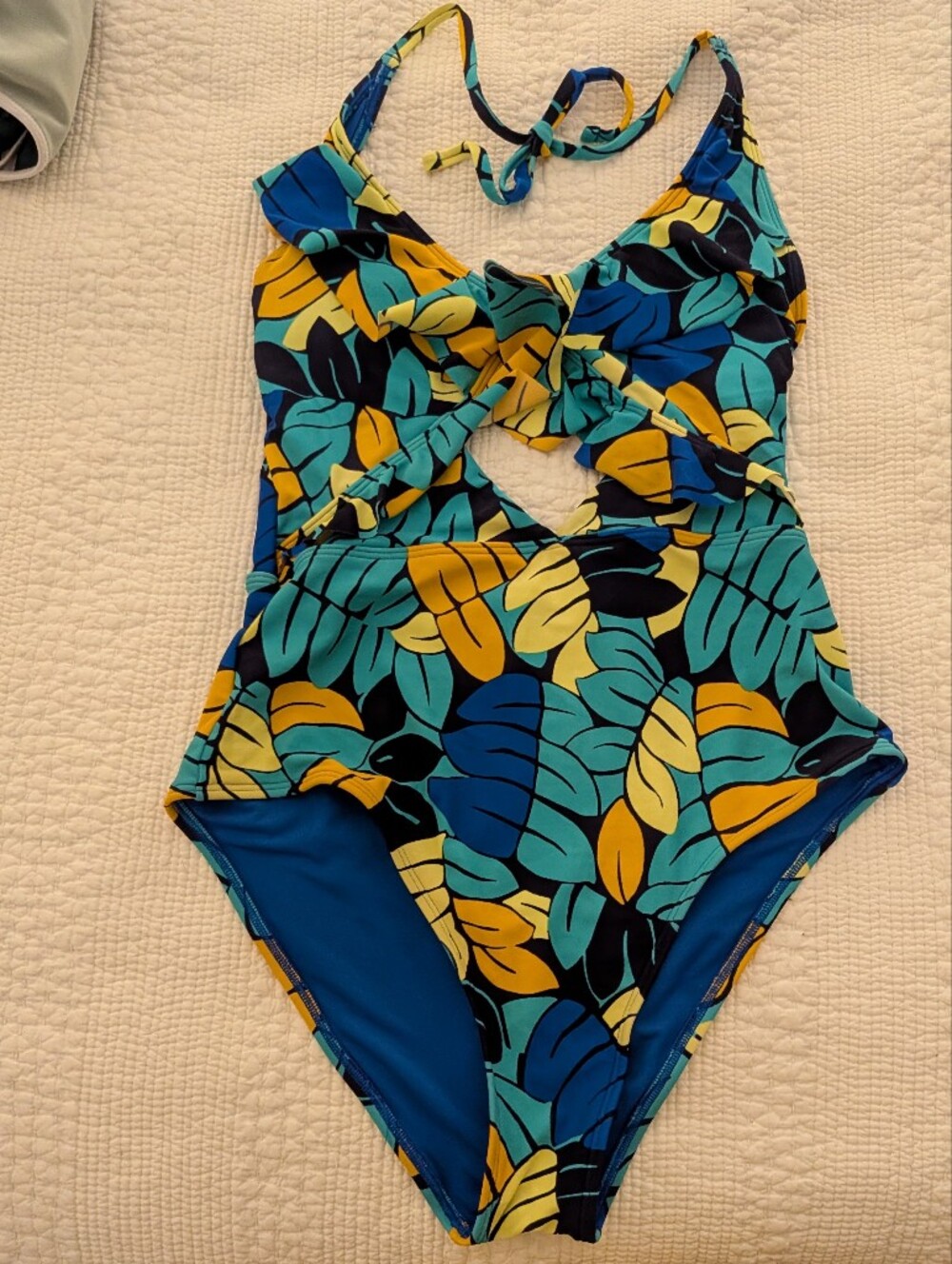 aerie Turquoise, Yellow & Navy Leaf-Print One-Piece Swimsuit Medium